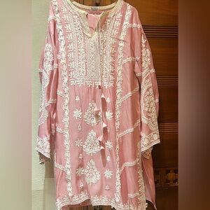 Four piece sania maskatiya dress with beautiful silk skinny shalwar.